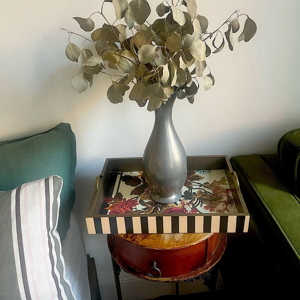 Handpainted large wood tray with antique brass handles - floral/ stripe design